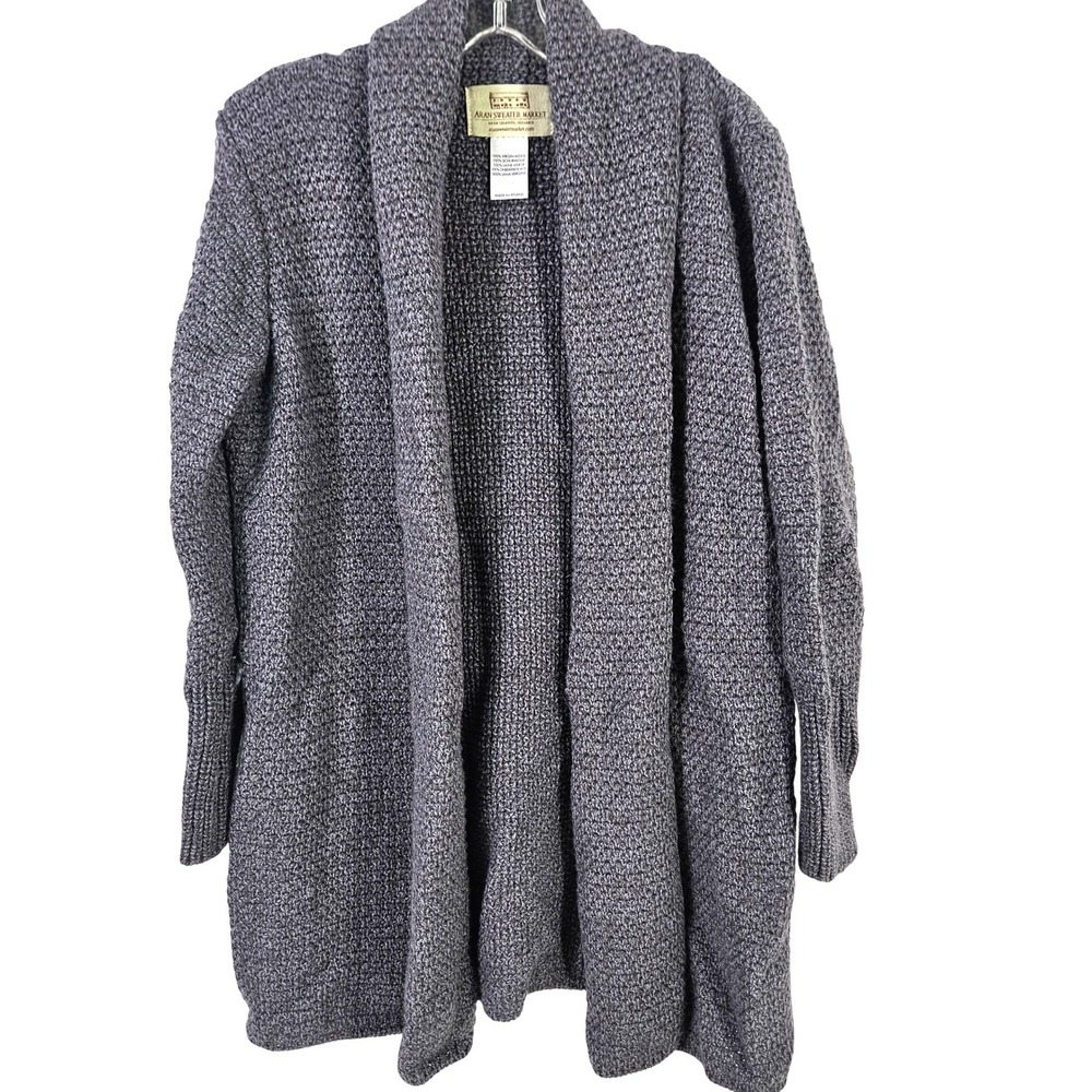 Aran Virgin Wool chunky knit long line Open Front Cardigan Sweater Ireland M/L